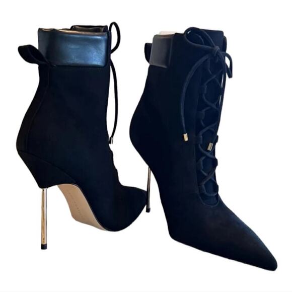 Good American Suede Stiletto Black Ankle Boots Bootie Gold Slim Heel Size 7 NWT - Picture 1 of 6